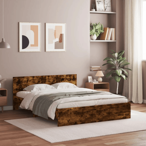 Estrutura de Cama de casal para adultos com cabeceira 150x200 cm carvalho fumado Estrutura de Cama de casal para adultos com cabeceira 150x200 cm carvalho fumado