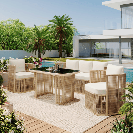 Conjunto de móveis de jardim de 5 peças (sofá de 3 lugares + 2 poltronas + mesa com tampo de vidro) - Rattan PE, estrutura de aço, almofadas de poliéster e vidro temperado - BegePretoBranco