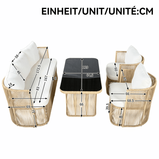 Conjunto de móveis de jardim de 5 peças (sofá de 3 lugares + 2 poltronas + mesa com tampo de vidro) - Rattan PE, estrutura de aço, almofadas de poliéster e vidro temperado - BegePretoBranco