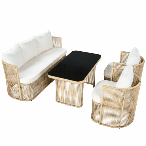 Conjunto de móveis de jardim de 5 peças (sofá de 3 lugares + 2 poltronas + mesa com tampo de vidro) - Rattan PE, estrutura de aço, almofadas de poliéster e vidro temperado - BegePretoBranco