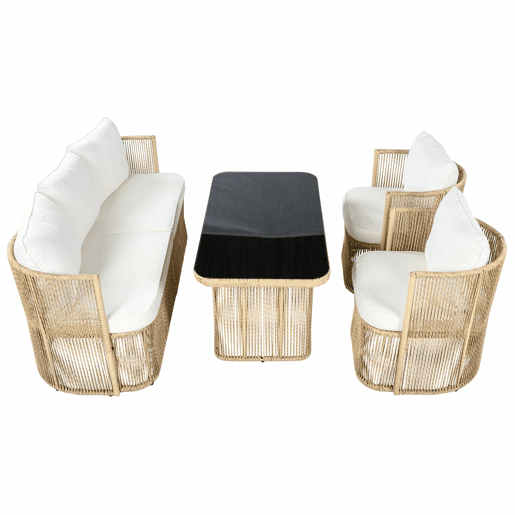 Conjunto de móveis de jardim de 5 peças (sofá de 3 lugares + 2 poltronas + mesa com tampo de vidro) - Rattan PE, estrutura de aço, almofadas de poliéster e vidro temperado - BegePretoBranco
