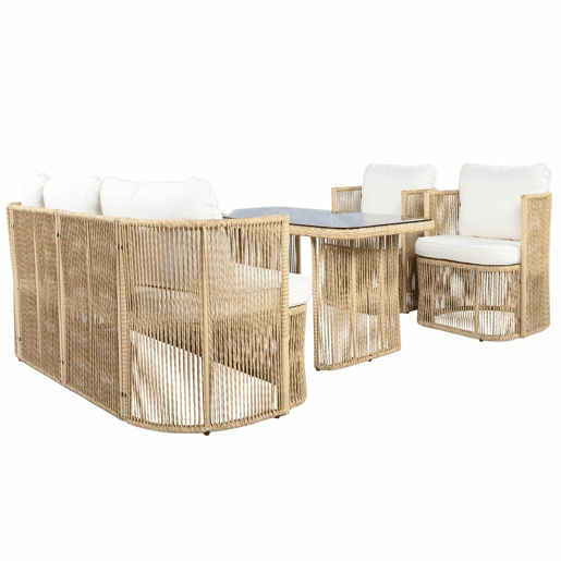 Conjunto de móveis de jardim de 5 peças (sofá de 3 lugares + 2 poltronas + mesa com tampo de vidro) - Rattan PE, estrutura de aço, almofadas de poliéster e vidro temperado - BegePretoBranco