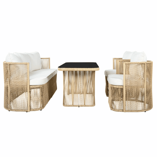 Conjunto de móveis de jardim de 5 peças (sofá de 3 lugares + 2 poltronas + mesa com tampo de vidro) - Rattan PE, estrutura de aço, almofadas de poliéster e vidro temperado - BegePretoBranco