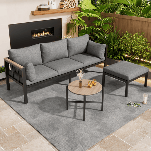 Conjunto de móveis de jardim 4 peças - Sofá + Mesa de centro + Pufe - Aço galvanizado - Cinza