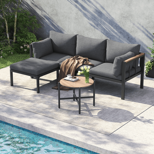 Conjunto de móveis de jardim 4 peças - Sofá + Mesa de centro + Pufe - Aço galvanizado - Cinza