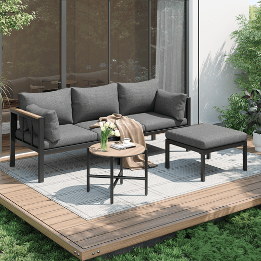 Conjunto de móveis de jardim 4 peças - Sofá + Mesa de centro + Pufe - Aço galvanizado - Cinza