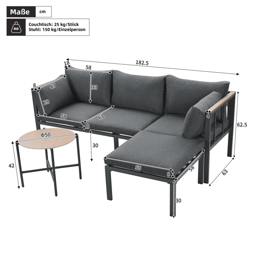 Conjunto de móveis de jardim 4 peças - Sofá + Mesa de centro + Pufe - Aço galvanizado - Cinza