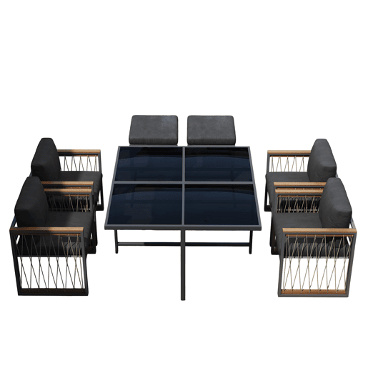 Conjunto de sala de jantar exterior de 7 peças - Mesa de vidro temperado, tampo em madeira de acácia, para 6 pessoas - Preto+Natural