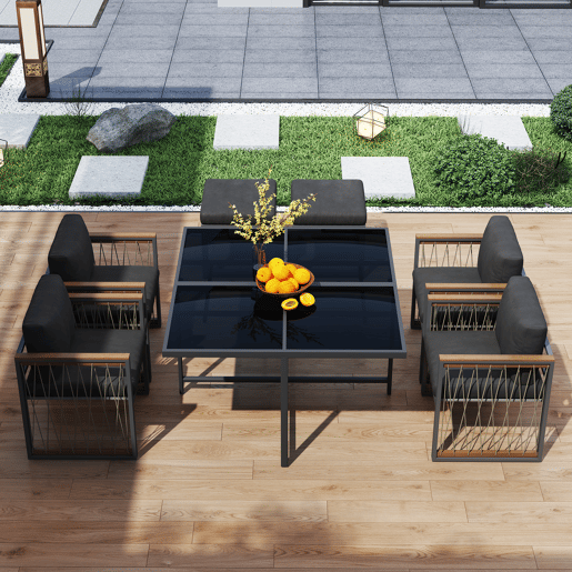 Conjunto de sala de jantar exterior de 7 peças - Mesa de vidro temperado, tampo em madeira de acácia, para 6 pessoas - Preto+Natural