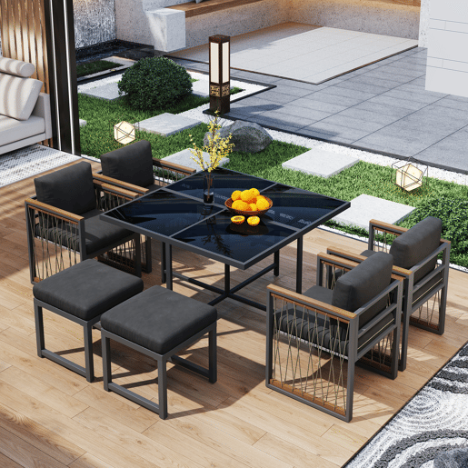 Conjunto de sala de jantar exterior de 7 peças - Mesa de vidro temperado, tampo em madeira de acácia, para 6 pessoas - Preto+Natural