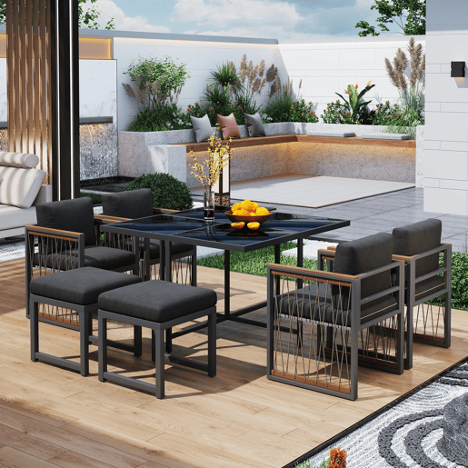 Conjunto de sala de jantar exterior de 7 peças - Mesa de vidro temperado, tampo em madeira de acácia, para 6 pessoas - Preto+Natural
