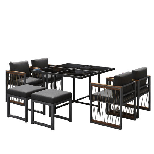 Conjunto de sala de jantar exterior de 7 peças - Mesa de vidro temperado, tampo em madeira de acácia, para 6 pessoas - Preto+Natural
