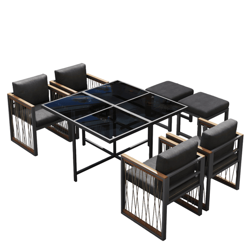 Conjunto de sala de jantar exterior de 7 peças - Mesa de vidro temperado, tampo em madeira de acácia, para 6 pessoas - Preto+Natural