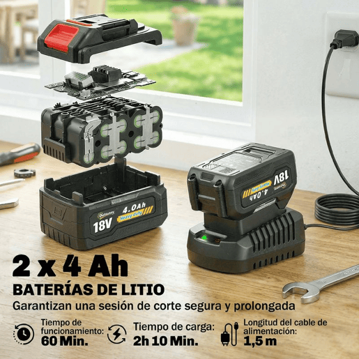 Outsunny Aparador Sem Fios 18V 2 em 1 com 2 Baterias 4.0Ah e Carregador Motor sem Escovas Barra Ajustável Cabeça e Pega Reguláveis Largura de Corte 25 cm Protetor Frontal