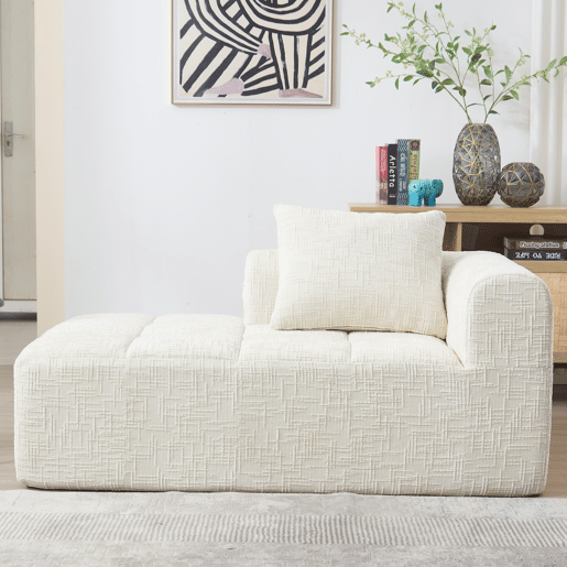 Sofá chaise longue confortável - sem montagem, macio com almofadas, bolsos laterais para comando remoto e telemóvel - Bege
