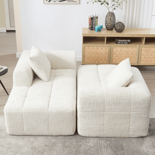 Sofá chaise longue confortável - sem montagem, macio com almofadas, bolsos laterais para comando remoto e telemóvel - Bege
