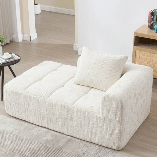 Sofá chaise longue confortável - sem montagem, macio com almofadas, bolsos laterais para comando remoto e telemóvel - Bege
