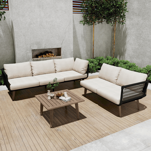 Conjunto de móveis de jardim 2 peças - Sofá + mesa de centro - Aço galvanizado, Olefina, Tecido trançado - Bege + Preto