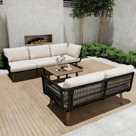 Conjunto de móveis de jardim 2 peças - Sofá + mesa de centro - Aço galvanizado, Olefina, Tecido trançado - Bege + Preto