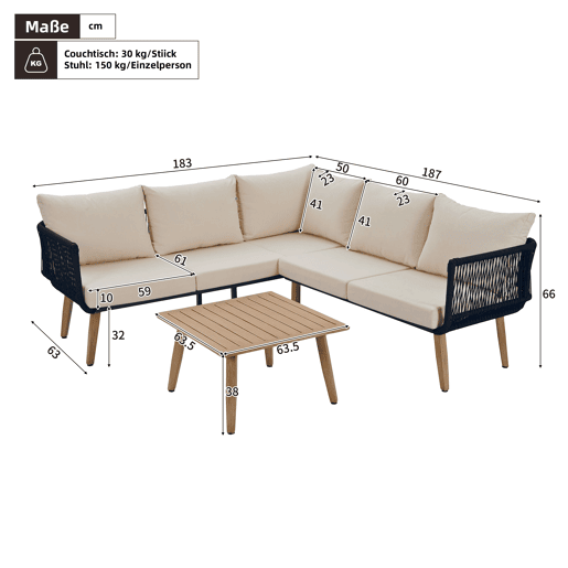 Conjunto de móveis de jardim 2 peças - Sofá + mesa de centro - Aço galvanizado, Olefina, Tecido trançado - Bege + Preto