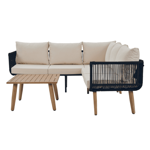 Conjunto de móveis de jardim 2 peças - Sofá + mesa de centro - Aço galvanizado, Olefina, Tecido trançado - Bege + Preto