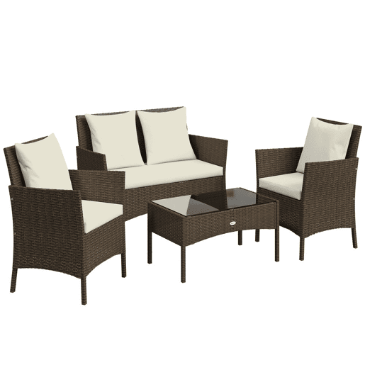 Outsunny Conjunto de Jardim em Vime Conjunto de Terraço com Almofadas Laváveis Móveis Jardim Exterior 4 Peças Inclui Sofá de 2 Lugares 2 Cadeiras Mesa de Centro com Vidro Temperado Castanho