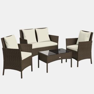 Outsunny Conjunto de Jardim em Vime Conjunto de Terraço com Almofadas Laváveis Móveis Jardim Exterior 4 Peças Inclui Sofá de 2 Lugares 2 Cadeiras Mesa de Centro com Vidro Temperado Castanho