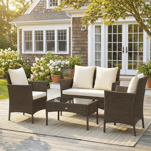 Outsunny Conjunto de Jardim em Vime Conjunto de Terraço com Almofadas Laváveis Móveis Jardim Exterior 4 Peças Inclui Sofá de 2 Lugares 2 Cadeiras Mesa de Centro com Vidro Temperado Castanho