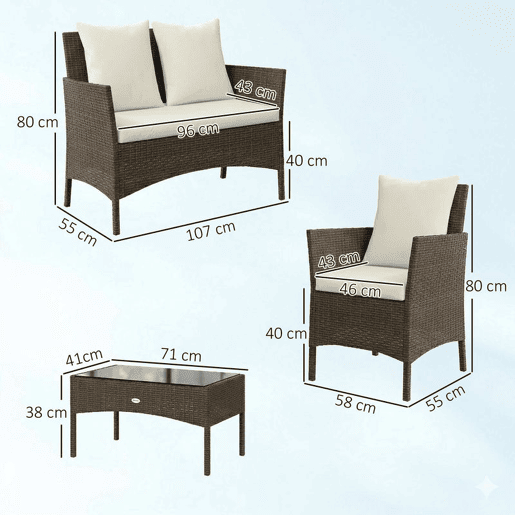 Outsunny Conjunto de Jardim em Vime Conjunto de Terraço com Almofadas Laváveis Móveis Jardim Exterior 4 Peças Inclui Sofá de 2 Lugares 2 Cadeiras Mesa de Centro com Vidro Temperado Castanho
