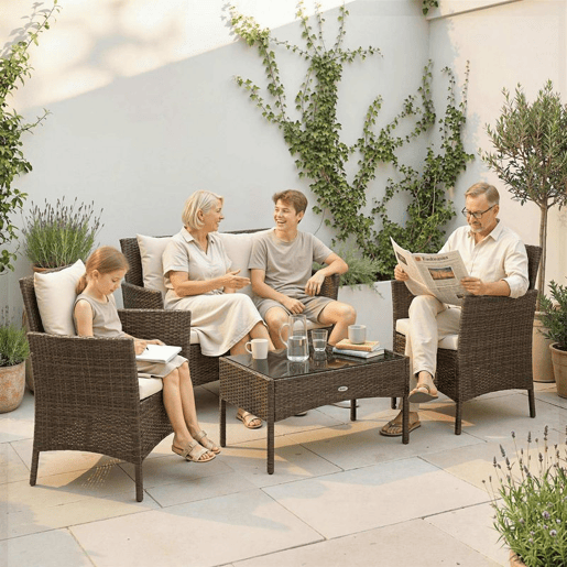 Outsunny Conjunto de Jardim em Vime Conjunto de Terraço com Almofadas Laváveis Móveis Jardim Exterior 4 Peças Inclui Sofá de 2 Lugares 2 Cadeiras Mesa de Centro com Vidro Temperado Castanho