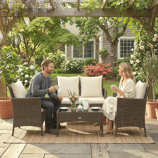 Outsunny Conjunto de Jardim em Vime Conjunto de Terraço com Almofadas Laváveis Móveis Jardim Exterior 4 Peças Inclui Sofá de 2 Lugares 2 Cadeiras Mesa de Centro com Vidro Temperado Castanho