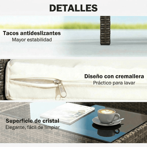 Outsunny Conjunto de Jardim em Vime Conjunto de Terraço com Almofadas Laváveis Móveis Jardim Exterior 4 Peças Inclui Sofá de 2 Lugares 2 Cadeiras Mesa de Centro com Vidro Temperado Castanho