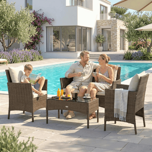 Outsunny Conjunto de Jardim em Vime Conjunto de Terraço com Almofadas Laváveis Móveis Jardim Exterior 4 Peças Inclui Sofá de 2 Lugares 2 Cadeiras Mesa de Centro com Vidro Temperado Castanho