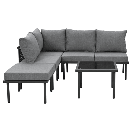 Conjunto de móveis de jardim de 6 peças - Estrutura em ferro galvanizado, sofá em corda cinzenta, mesa com tampo em vidro liso, almofadas incluídas - Cinza