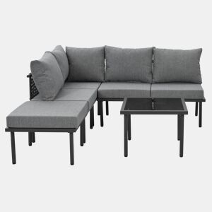 Conjunto de móveis de jardim de 6 peças - Estrutura em ferro galvanizado, sofá em corda cinzenta, mesa com tampo em vidro liso, almofadas incluídas - Cinza