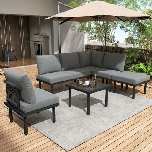 Conjunto de móveis de jardim de 6 peças - Estrutura em ferro galvanizado, sofá em corda cinzenta, mesa com tampo em vidro liso, almofadas incluídas - Cinza