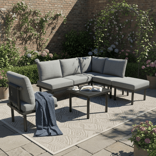 Conjunto de móveis de jardim de 6 peças - Estrutura em ferro galvanizado, sofá em corda cinzenta, mesa com tampo em vidro liso, almofadas incluídas - Cinza
