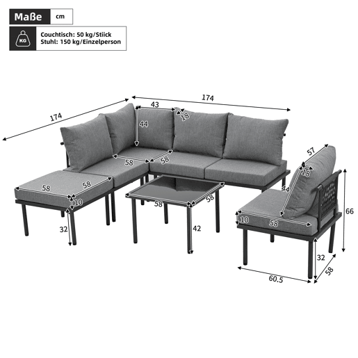 Conjunto de móveis de jardim de 6 peças - Estrutura em ferro galvanizado, sofá em corda cinzenta, mesa com tampo em vidro liso, almofadas incluídas - Cinza