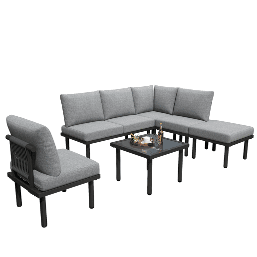 Conjunto de móveis de jardim de 6 peças - Estrutura em ferro galvanizado, sofá em corda cinzenta, mesa com tampo em vidro liso, almofadas incluídas - Cinza