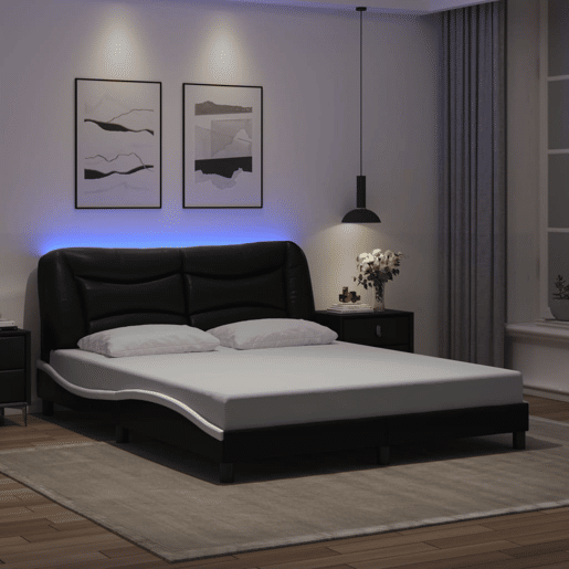 Estrutura de Cama de casal moderno com LED - 160x200cm pretobranco
