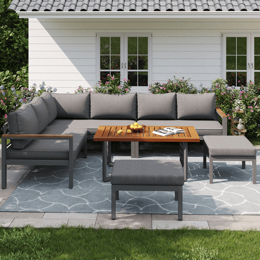 Conjunto de jardim para 7-8 pessoas - Mobiliário de jardim moderno, com estrutura em ferro galvanizado - Cinza escuro