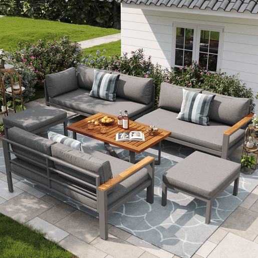 Conjunto de jardim para 7-8 pessoas - Mobiliário de jardim moderno, com estrutura em ferro galvanizado - Cinza escuro