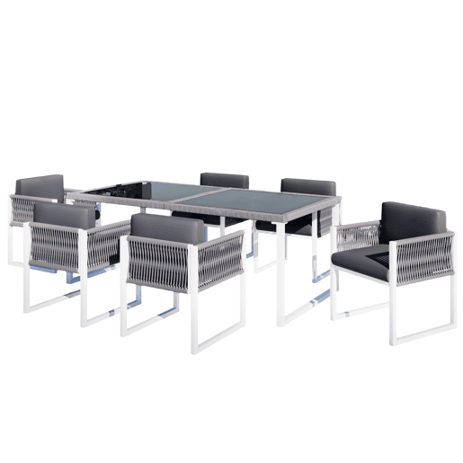Conjunto de sala de jantar exterior para 6 pessoas - Cadeiras com almofadas, capa de tecido removível e lavável - Cinza, Branco