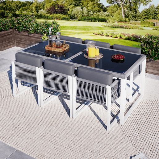 Conjunto de sala de jantar exterior para 6 pessoas - Cadeiras com almofadas, capa de tecido removível e lavável - Cinza, Branco