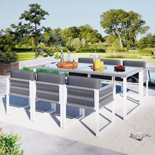 Conjunto de sala de jantar exterior para 6 pessoas - Cadeiras com almofadas, capa de tecido removível e lavável - Cinza, Branco