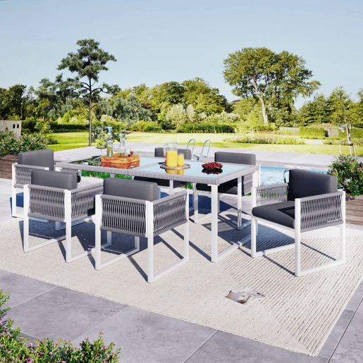 Conjunto de sala de jantar exterior para 6 pessoas - Cadeiras com almofadas, capa de tecido removível e lavável - Cinza, Branco