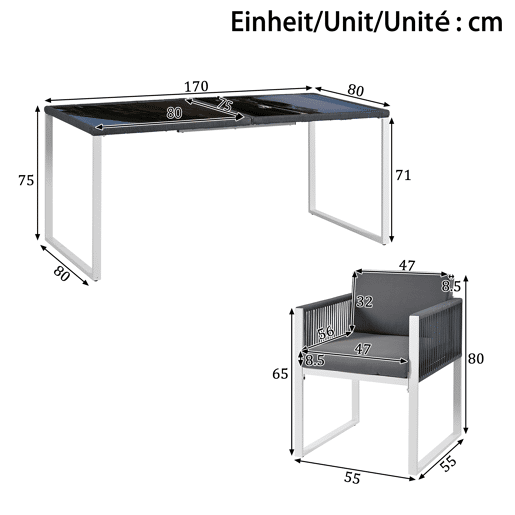 Conjunto de sala de jantar exterior para 6 pessoas - Cadeiras com almofadas, capa de tecido removível e lavável - Cinza, Branco