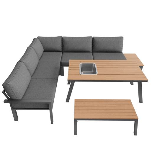 Conjunto de lounge de jardim para 6-7 pessoas - Móveis modernos, estrutura de ferro, mesa com cuba de gelo - Cinza