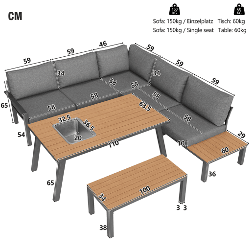 Conjunto de lounge de jardim para 6-7 pessoas - Móveis modernos, estrutura de ferro, mesa com cuba de gelo - Cinza