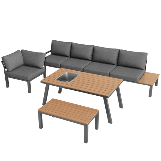 Conjunto de lounge de jardim para 6-7 pessoas - Móveis modernos, estrutura de ferro, mesa com cuba de gelo - Cinza